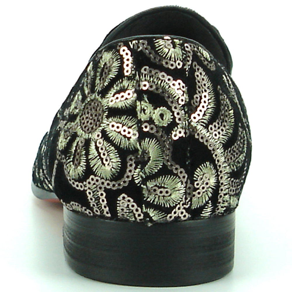 The FI-7207 Black Suede with Sequins Slip on Loafer by Fiesso features intricate silver sequin embroidery in floral and leaf designs, elevating men’s fashion with handcrafted suede and leather details.