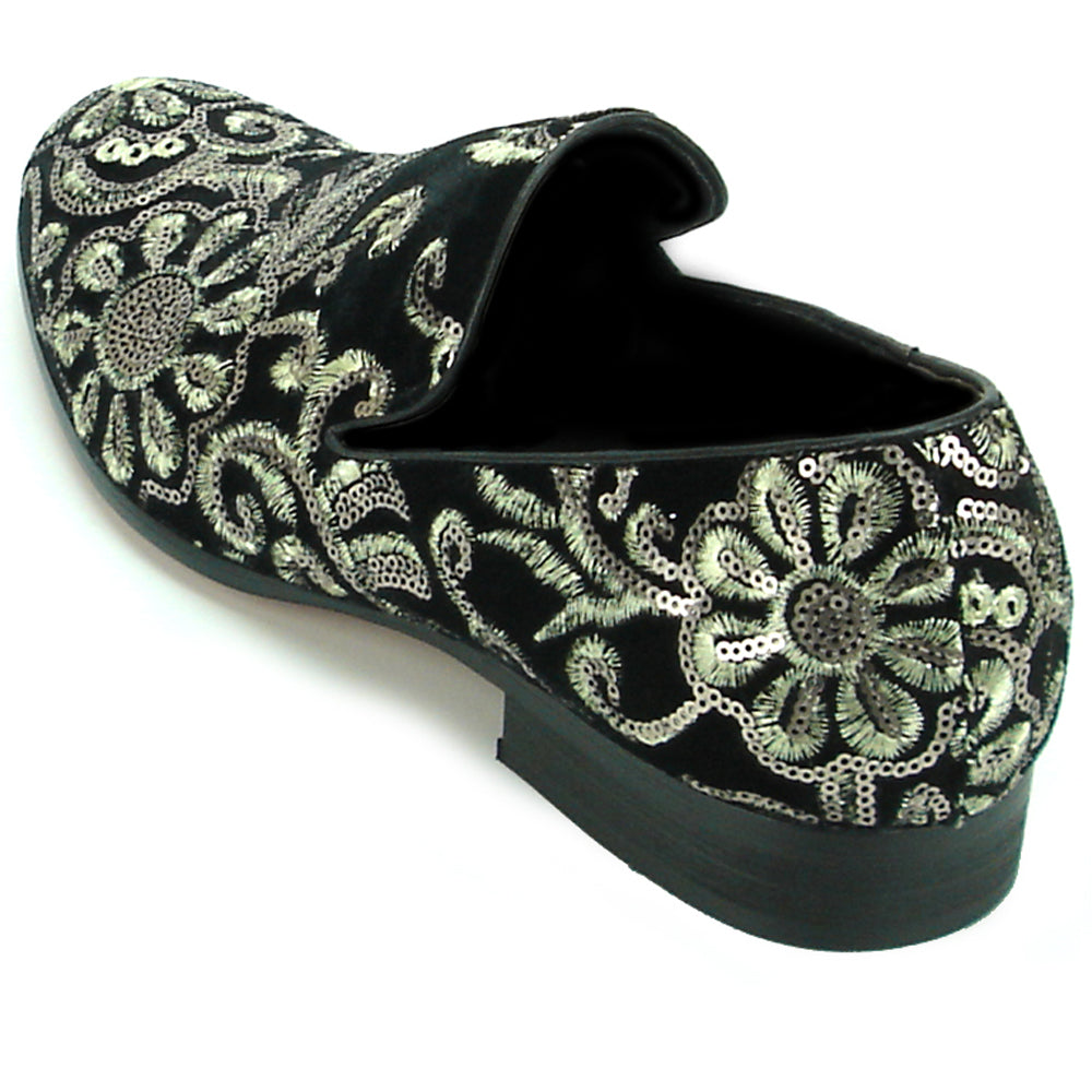The FI-7207 Black Suede with Sequins Slip on Loafer by Fiesso features intricate silver sequin embroidery in floral and leaf designs, elevating men’s fashion with handcrafted suede and leather details.