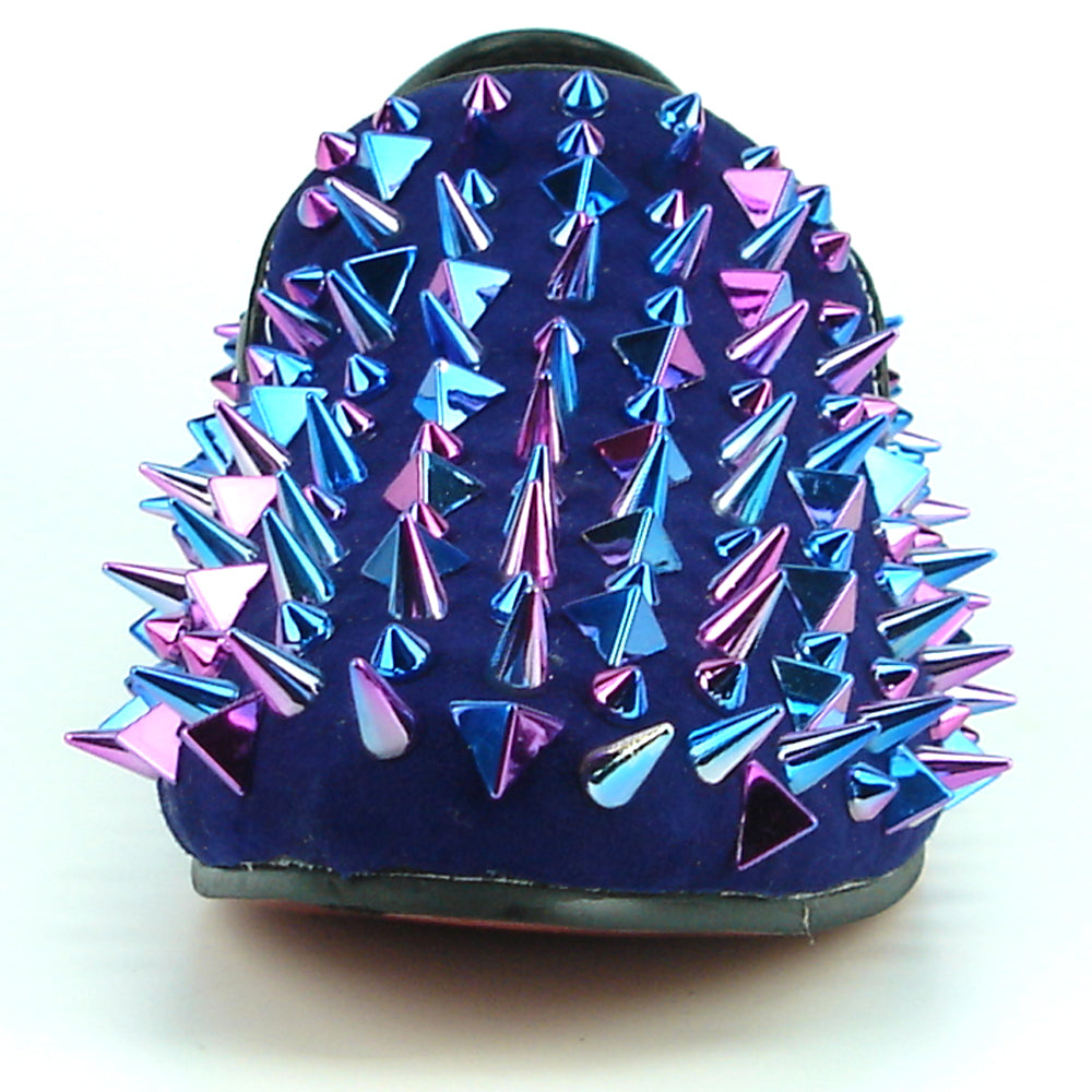 The FI-7239-S Navy Suede Slip-on Loafer by Fiesso features multicolor spikes for a bold men's fashion statement.