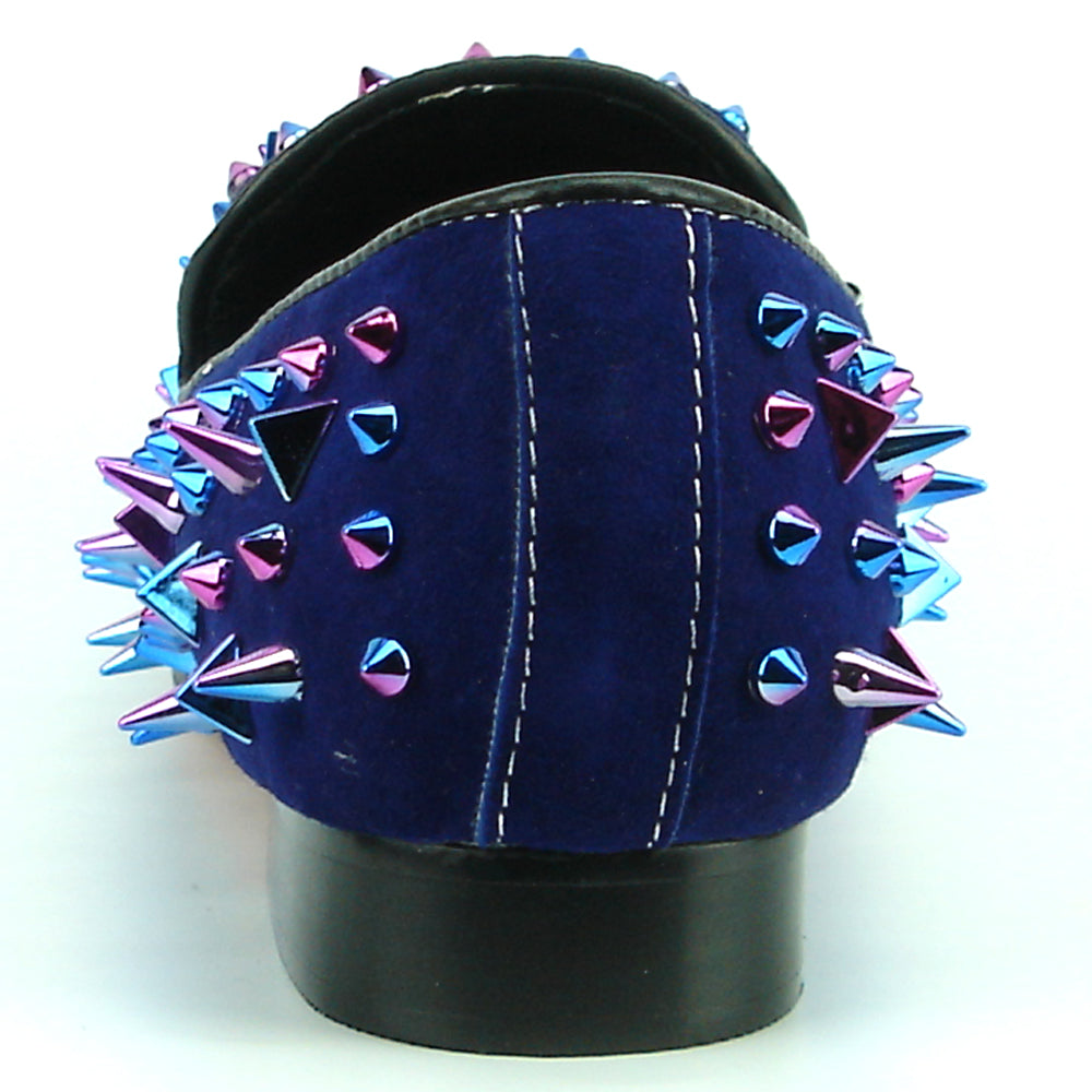 The FI-7239-S Navy Suede Slip-on Loafer by Fiesso features multicolor spikes for a bold men's fashion statement.