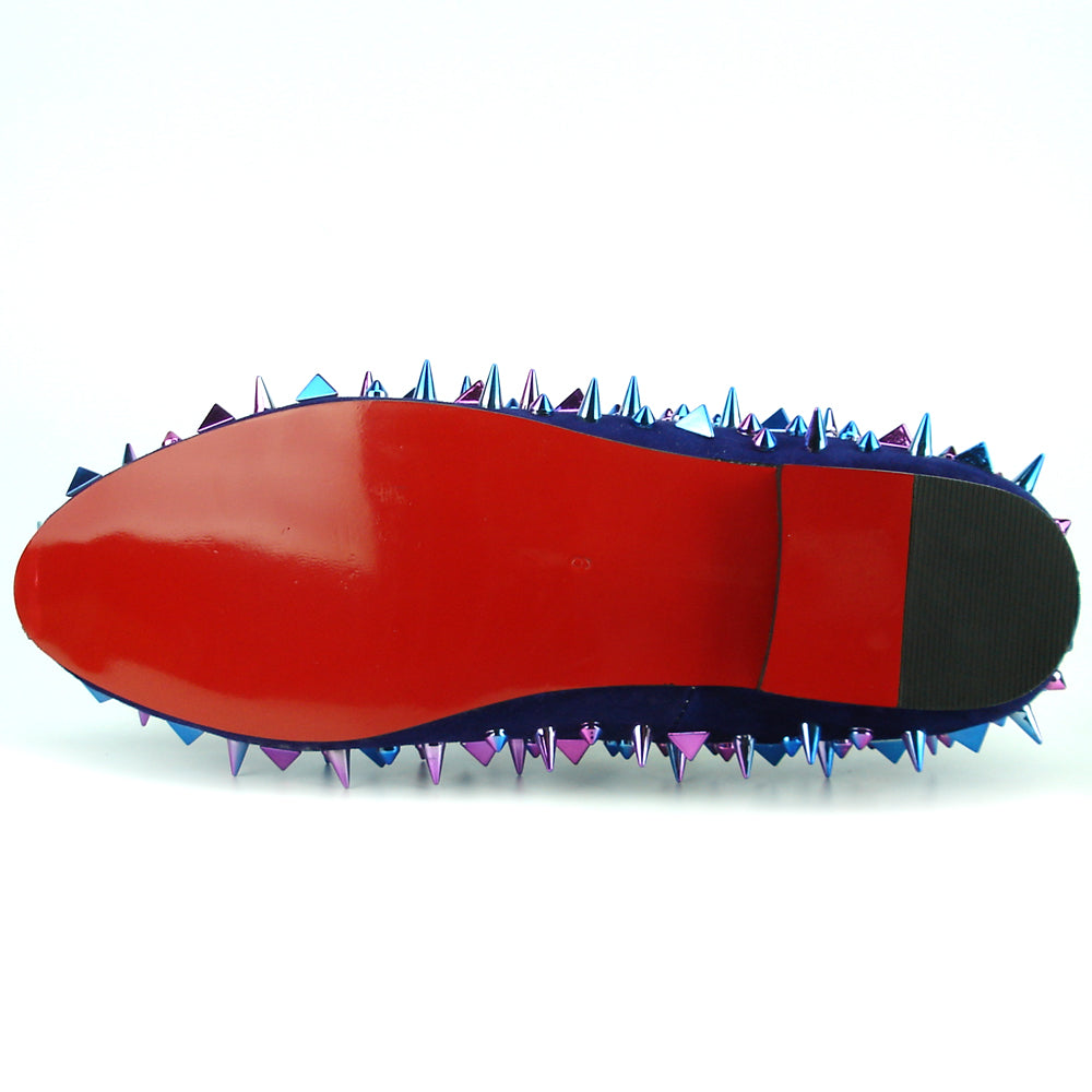 The FI-7239-S Navy Suede Slip-on Loafer by Fiesso features multicolor spikes for a bold men's fashion statement.