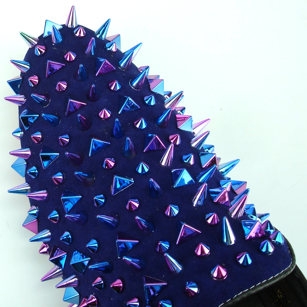 The FI-7239-S Navy Suede Slip-on Loafer by Fiesso features multicolor spikes for a bold men's fashion statement.