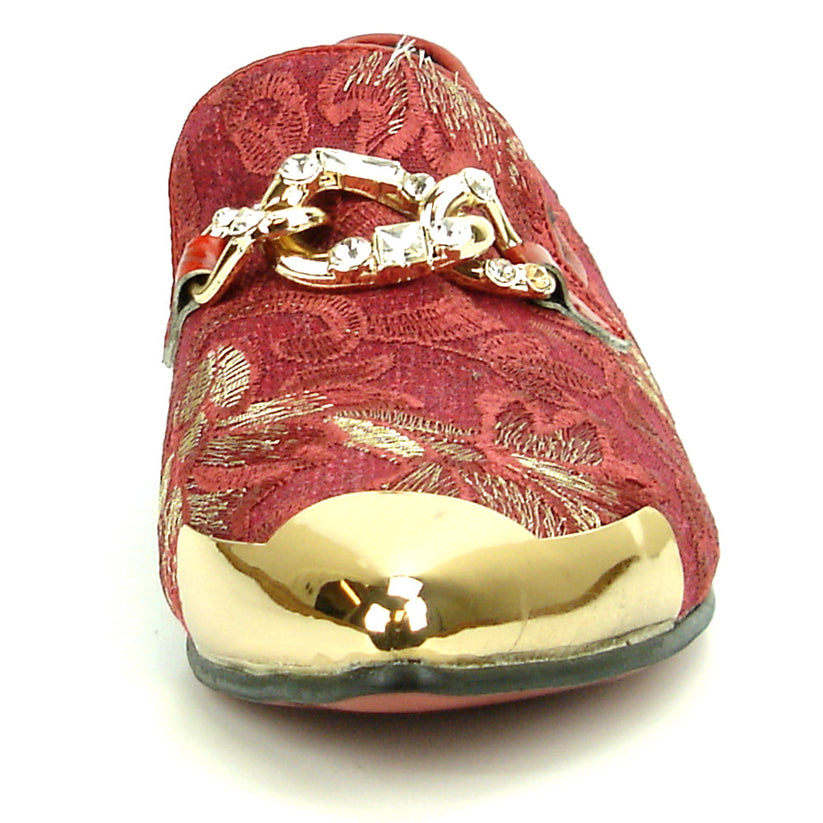 Introducing the FI-7253 Red Fiesso by Aurelio Garcia: a striking loafer from Fiesso that features a red and gold patterned leather upper, metallic gold cap toe, and a decorative gold chain detail—exemplifying the bold elegance of handcrafted men’s footwear for those who want to make a statement.