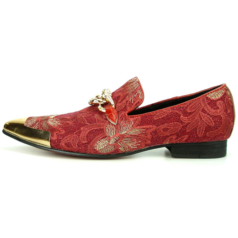 Introducing the FI-7253 Red Fiesso by Aurelio Garcia: a striking loafer from Fiesso that features a red and gold patterned leather upper, metallic gold cap toe, and a decorative gold chain detail—exemplifying the bold elegance of handcrafted men’s footwear for those who want to make a statement.