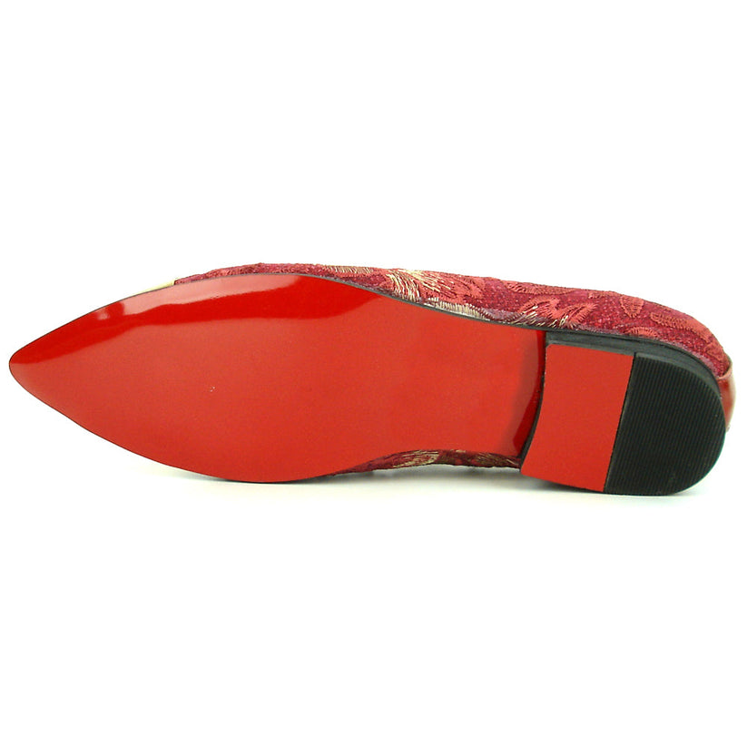 Introducing the FI-7253 Red Fiesso by Aurelio Garcia: a striking loafer from Fiesso that features a red and gold patterned leather upper, metallic gold cap toe, and a decorative gold chain detail—exemplifying the bold elegance of handcrafted men’s footwear for those who want to make a statement.