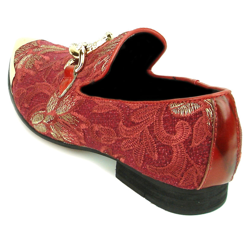 Introducing the FI-7253 Red Fiesso by Aurelio Garcia: a striking loafer from Fiesso that features a red and gold patterned leather upper, metallic gold cap toe, and a decorative gold chain detail—exemplifying the bold elegance of handcrafted men’s footwear for those who want to make a statement.
