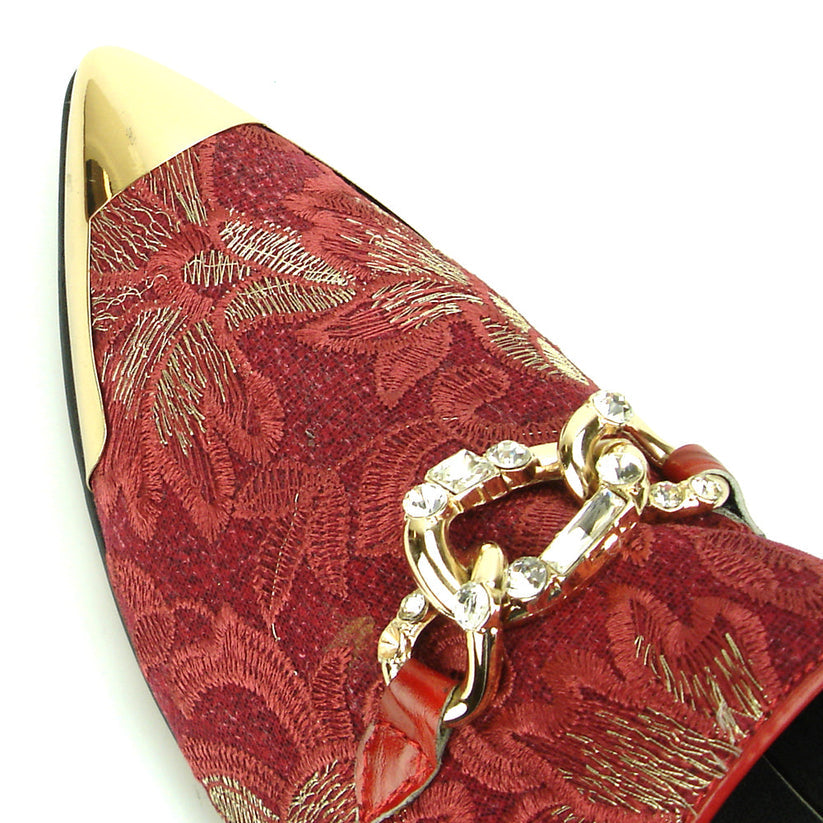 Introducing the FI-7253 Red Fiesso by Aurelio Garcia: a striking loafer from Fiesso that features a red and gold patterned leather upper, metallic gold cap toe, and a decorative gold chain detail—exemplifying the bold elegance of handcrafted men’s footwear for those who want to make a statement.