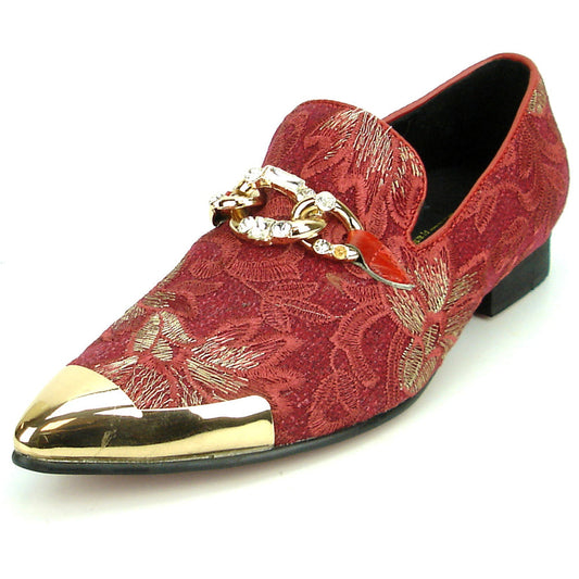 Introducing the FI-7253 Red Fiesso by Aurelio Garcia: a striking loafer from Fiesso that features a red and gold patterned leather upper, metallic gold cap toe, and a decorative gold chain detail—exemplifying the bold elegance of handcrafted men’s footwear for those who want to make a statement.