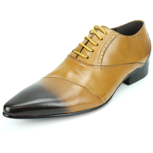 FI-7281 Tan Lace Up Encore by Fiesso is a brown leather dress shoe featuring a pointed toe, black gradient tip, yellow laces, and a low heel, artfully photographed on a white background. This remarkable design from Fiesso exemplifies the impeccable quality of handcrafted leather shoes—making it an essential addition to any men’s fashion shoe collection.