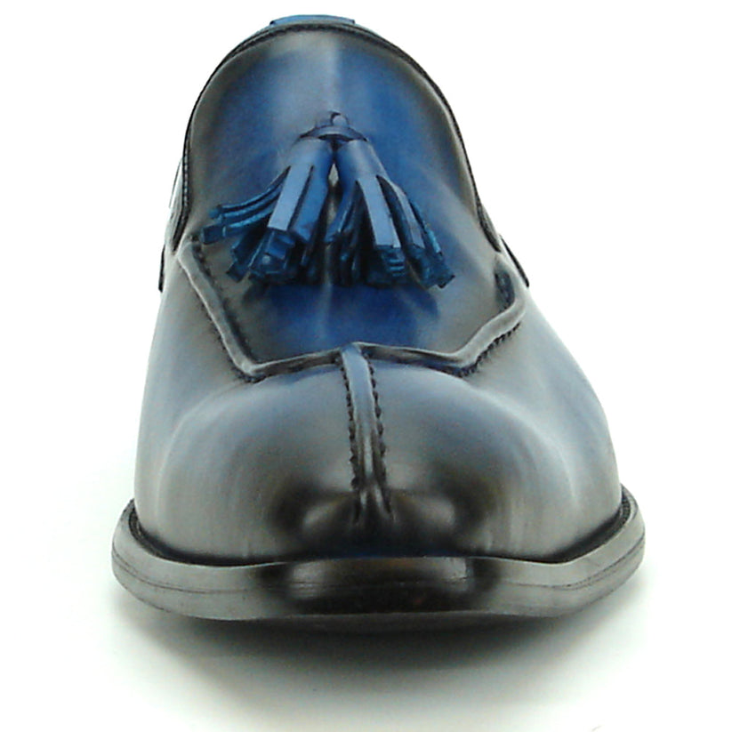 Certainly! Here’s a rewritten version using your specified product data: The FI-8701 Blue Encore by Fiesso is a single blue handcrafted leather tassel loafer featuring black accents, a pointed toe, striking red inner lining, and a low black heel—an exceptional addition to any men’s fashion shoe collection from the renowned brand Fiesso.