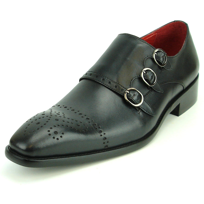 Experience handcrafted sophistication with the FI-8703 Black Encore by Fiesso. This black leather dress shoe showcases three buckle straps, decorative toe perforations, and a striking red inner lining—a true statement piece for men’s fashion shoe enthusiasts and a standout design from Fiesso.