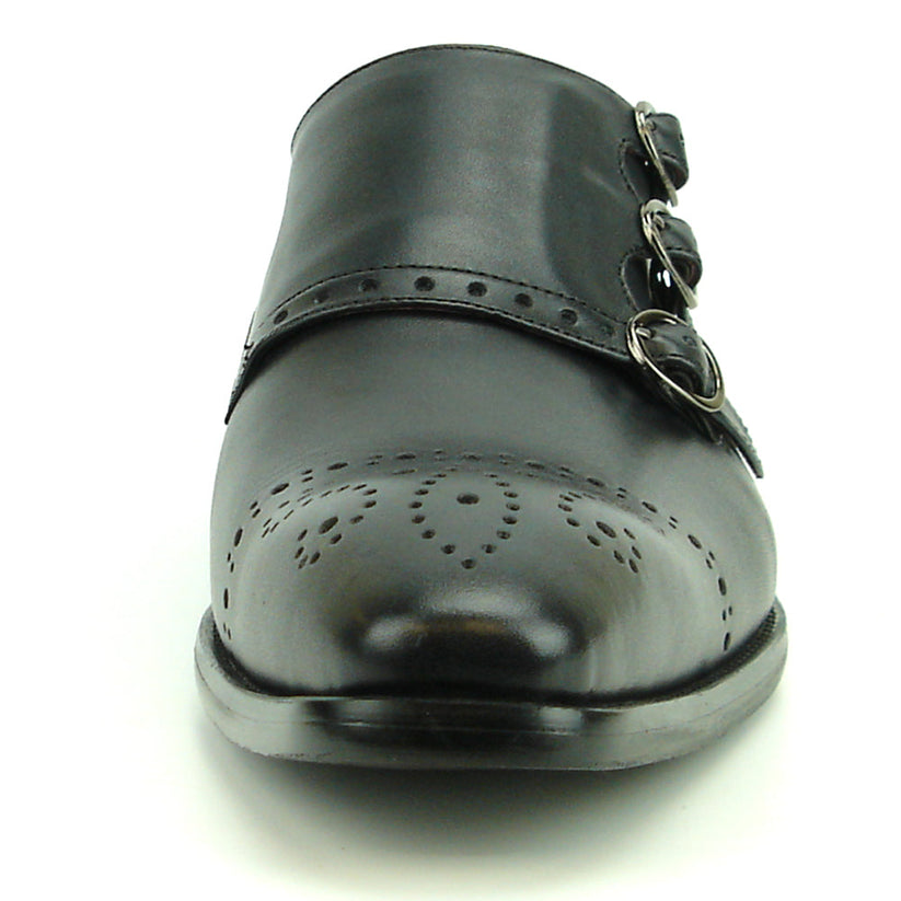 Experience handcrafted sophistication with the FI-8703 Black Encore by Fiesso. This black leather dress shoe showcases three buckle straps, decorative toe perforations, and a striking red inner lining—a true statement piece for men’s fashion shoe enthusiasts and a standout design from Fiesso.