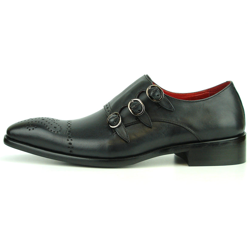 Experience handcrafted sophistication with the FI-8703 Black Encore by Fiesso. This black leather dress shoe showcases three buckle straps, decorative toe perforations, and a striking red inner lining—a true statement piece for men’s fashion shoe enthusiasts and a standout design from Fiesso.