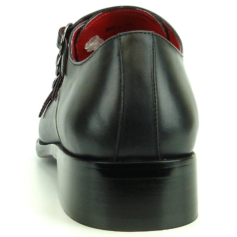 Experience handcrafted sophistication with the FI-8703 Black Encore by Fiesso. This black leather dress shoe showcases three buckle straps, decorative toe perforations, and a striking red inner lining—a true statement piece for men’s fashion shoe enthusiasts and a standout design from Fiesso.