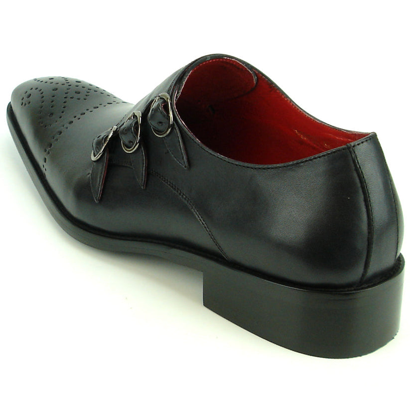 Experience handcrafted sophistication with the FI-8703 Black Encore by Fiesso. This black leather dress shoe showcases three buckle straps, decorative toe perforations, and a striking red inner lining—a true statement piece for men’s fashion shoe enthusiasts and a standout design from Fiesso.