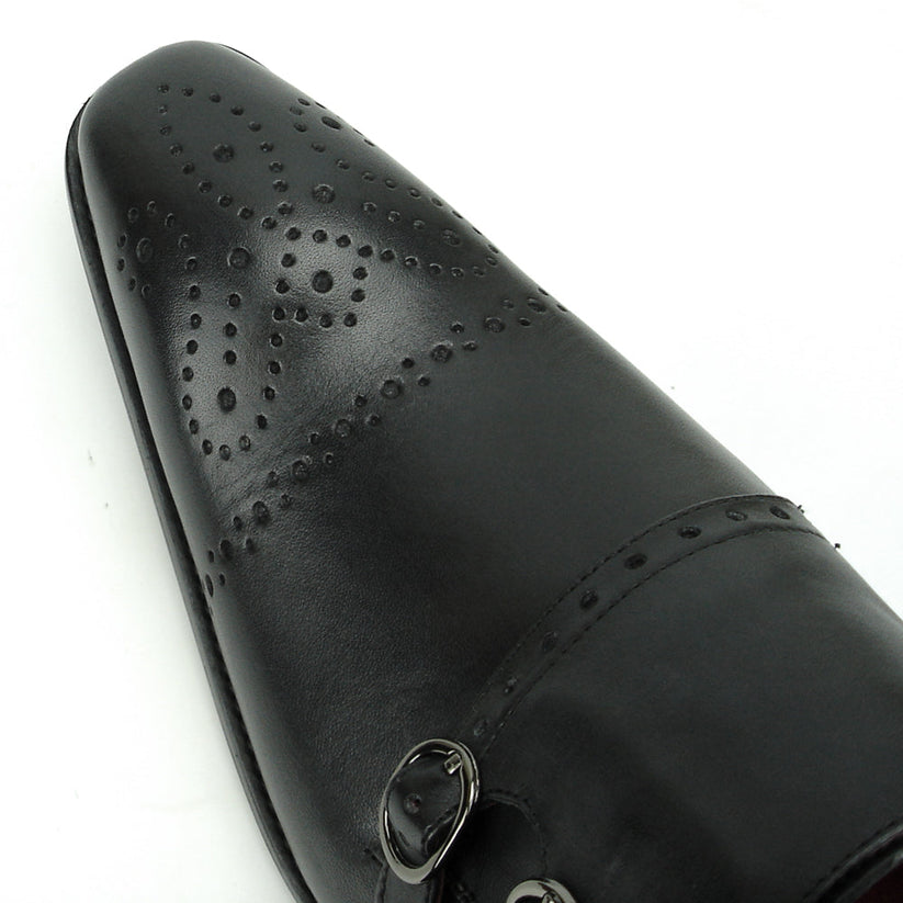 Experience handcrafted sophistication with the FI-8703 Black Encore by Fiesso. This black leather dress shoe showcases three buckle straps, decorative toe perforations, and a striking red inner lining—a true statement piece for men’s fashion shoe enthusiasts and a standout design from Fiesso.
