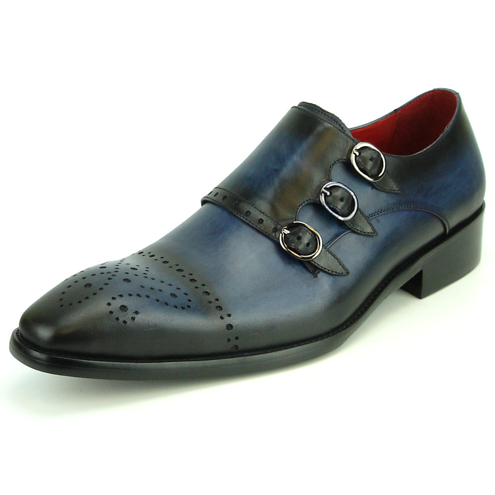 Make a statement with the Fiesso FI-8703 Navy Triple Monk Strap Leather Slip-on Loafer, featuring decorative perforations and bold side buckles.