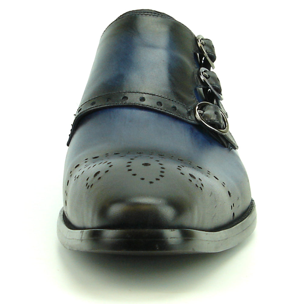 Make a statement with the Fiesso FI-8703 Navy Triple Monk Strap Leather Slip-on Loafer, featuring decorative perforations and bold side buckles.