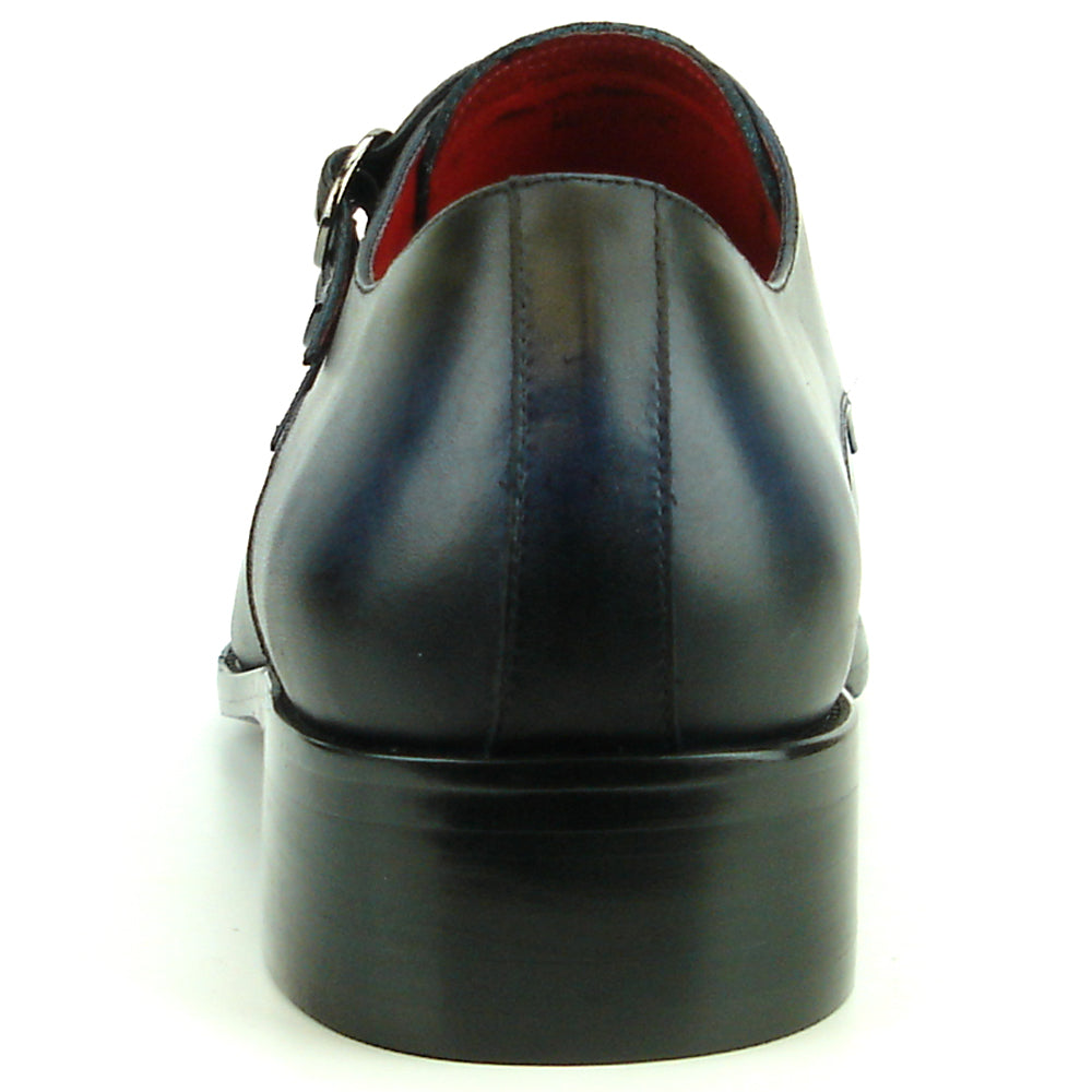 Make a statement with the Fiesso FI-8703 Navy Triple Monk Strap Leather Slip-on Loafer, featuring decorative perforations and bold side buckles.