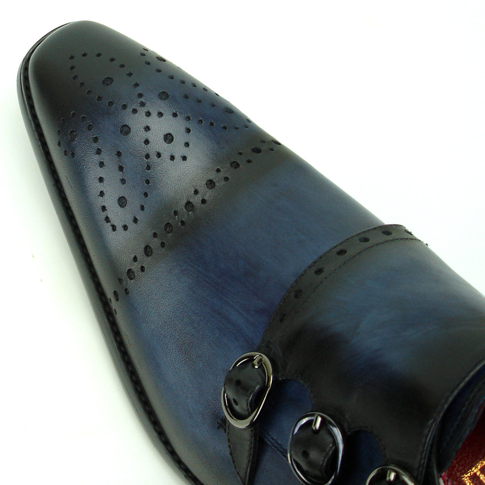 Make a statement with the Fiesso FI-8703 Navy Triple Monk Strap Leather Slip-on Loafer, featuring decorative perforations and bold side buckles.