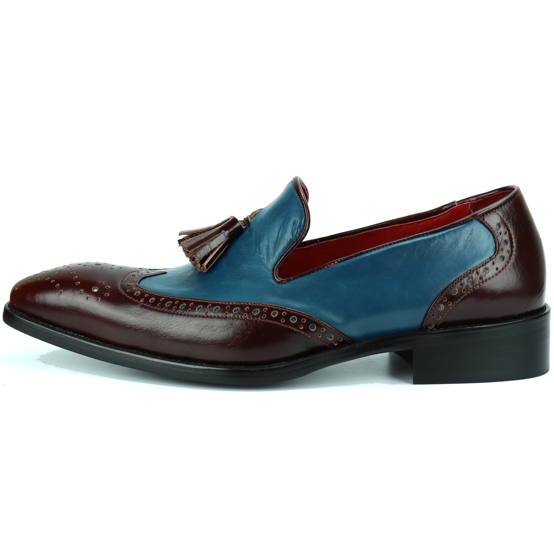 The FI-8705 Burgundy Blue Wing Tip With Tassel Encore by Fiesso features premium leather in burgundy and blue, classic brogue perforations, front tassels, and a black sole—perfect for elevating any outfit with Fiesso’s signature style.