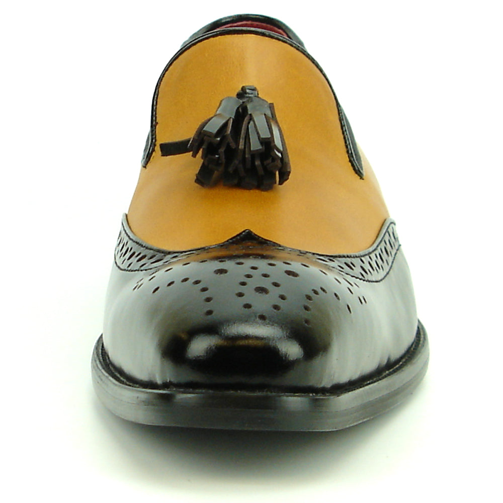 Elevate your style with the Fiesso FI-8705 Black Tan Wing Tip With Tassel Encore—a two-tone men’s loafer featuring black and tan leather, perforated details, a tassel, and low heel. Perfect for classic, fashionable looks.