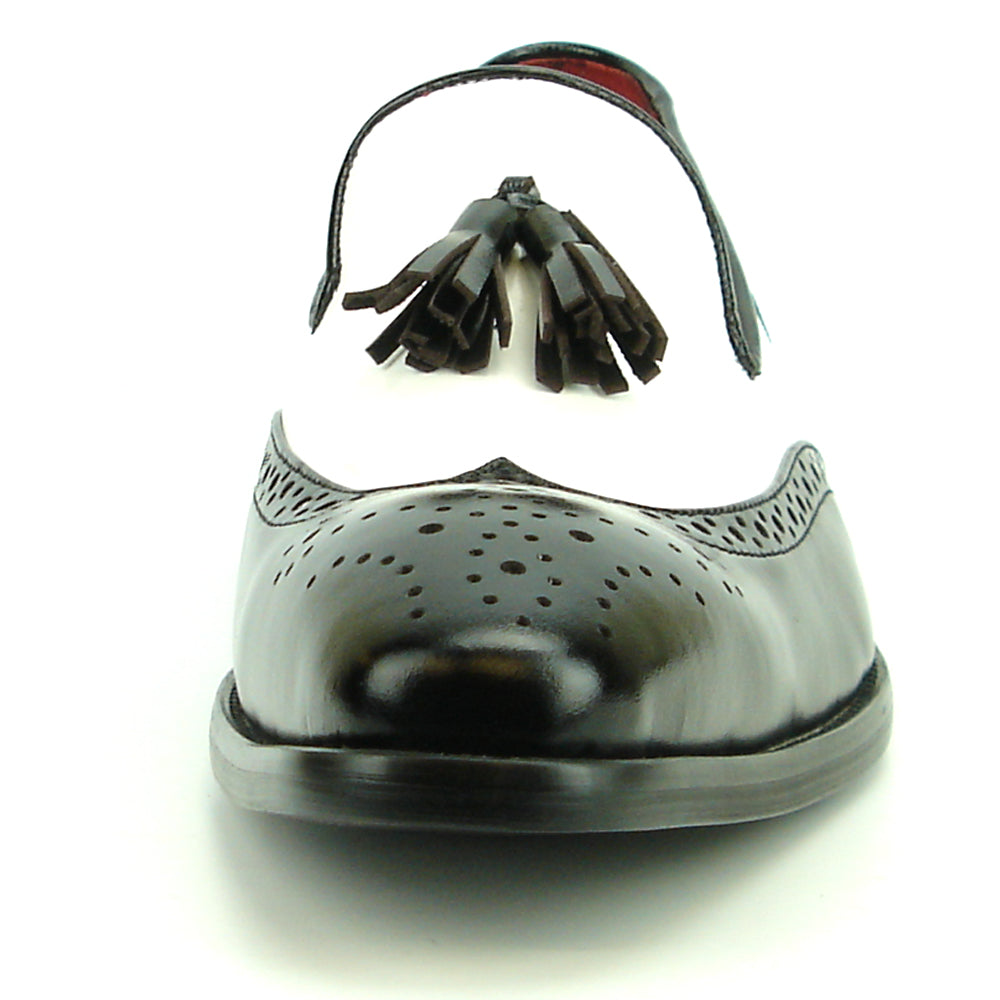 The FI-8705 Black White Wing Tip With Tassel Encore by Fiesso features hand-crafted leather, front tassels, perforated detailing, and a low heel—a true statement in men's fashion.