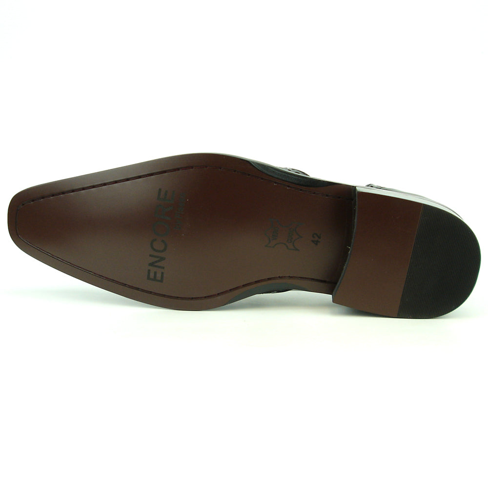 The FI-8705 Black White Wing Tip With Tassel Encore by Fiesso features hand-crafted leather, front tassels, perforated detailing, and a low heel—a true statement in men's fashion.