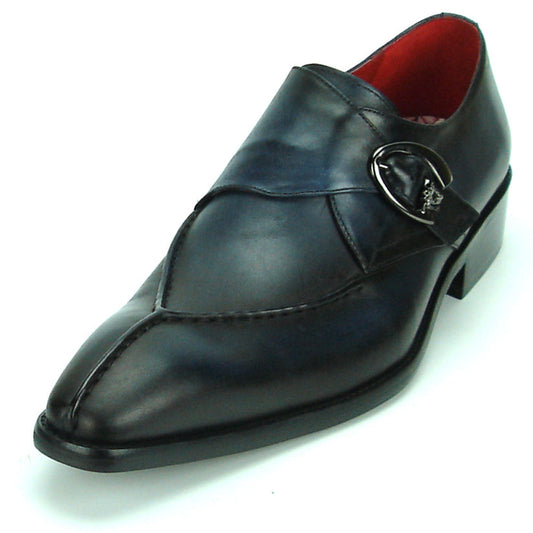Sleek black men’s leather FI-8712 Black Encore by Fiesso shoes with a pointed toe, low heel, silver buckle detail, and striking red inner lining—these Fiesso monk strap shoes are displayed on a white background.
