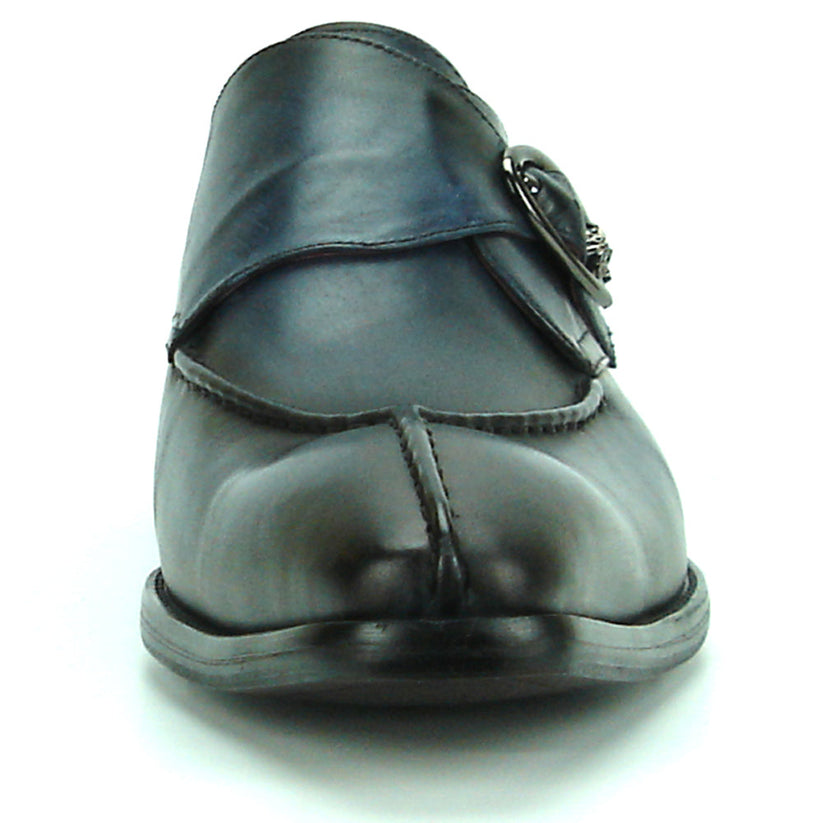 Sleek black men’s leather FI-8712 Black Encore by Fiesso shoes with a pointed toe, low heel, silver buckle detail, and striking red inner lining—these Fiesso monk strap shoes are displayed on a white background.