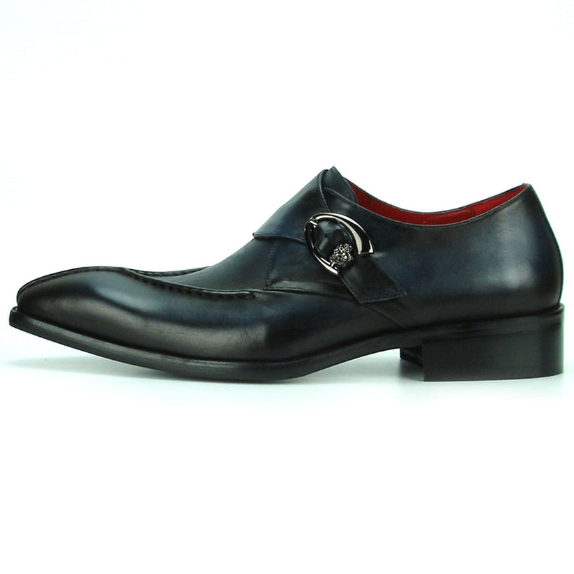 Sleek black men’s leather FI-8712 Black Encore by Fiesso shoes with a pointed toe, low heel, silver buckle detail, and striking red inner lining—these Fiesso monk strap shoes are displayed on a white background.