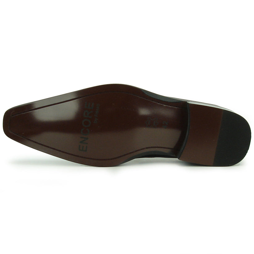 Sleek black men’s leather FI-8712 Black Encore by Fiesso shoes with a pointed toe, low heel, silver buckle detail, and striking red inner lining—these Fiesso monk strap shoes are displayed on a white background.
