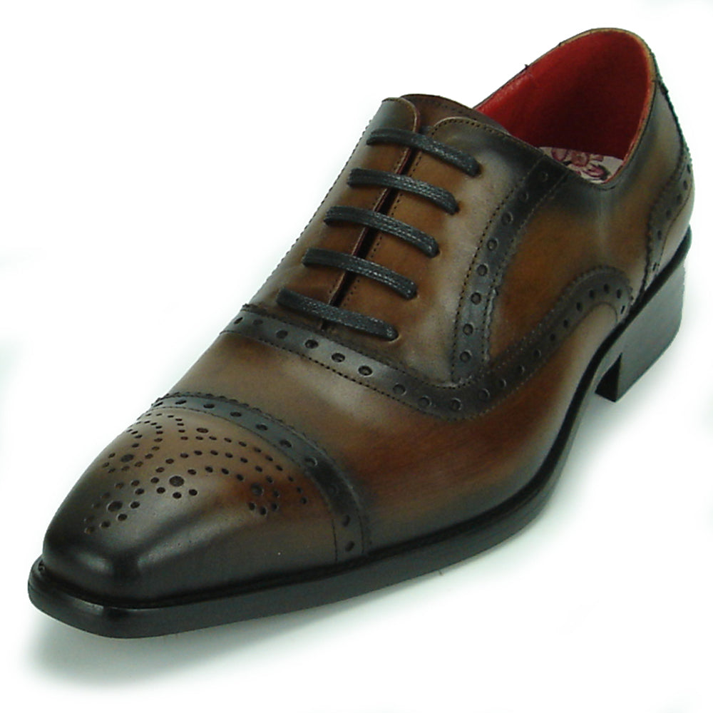 The FI-8713 Coffee Leather Cap Toe Lace Up Encore by Fiesso is a handcrafted men's oxford with brogue detailing, black laces, and a low heel—perfect for elevating your style.