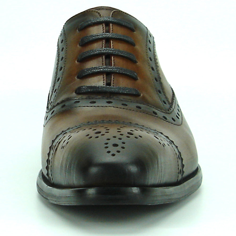 The FI-8713 Coffee Leather Cap Toe Lace Up Encore by Fiesso is a handcrafted men's oxford with brogue detailing, black laces, and a low heel—perfect for elevating your style.
