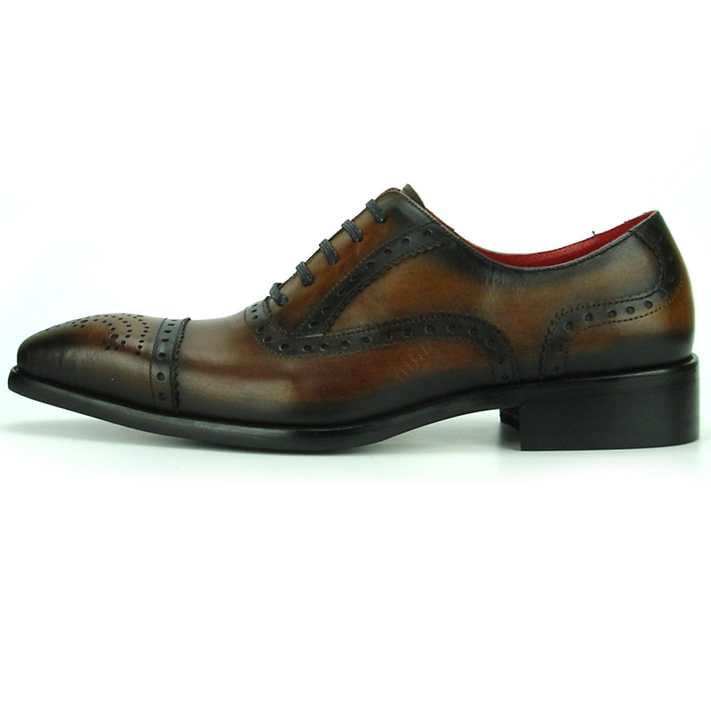 The FI-8713 Coffee Leather Cap Toe Lace Up Encore by Fiesso is a handcrafted men's oxford with brogue detailing, black laces, and a low heel—perfect for elevating your style.