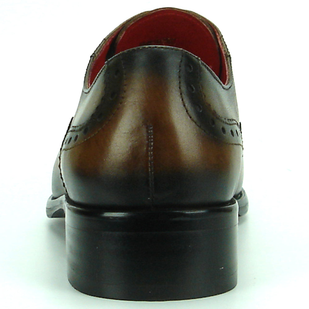 The FI-8713 Coffee Leather Cap Toe Lace Up Encore by Fiesso is a handcrafted men's oxford with brogue detailing, black laces, and a low heel—perfect for elevating your style.