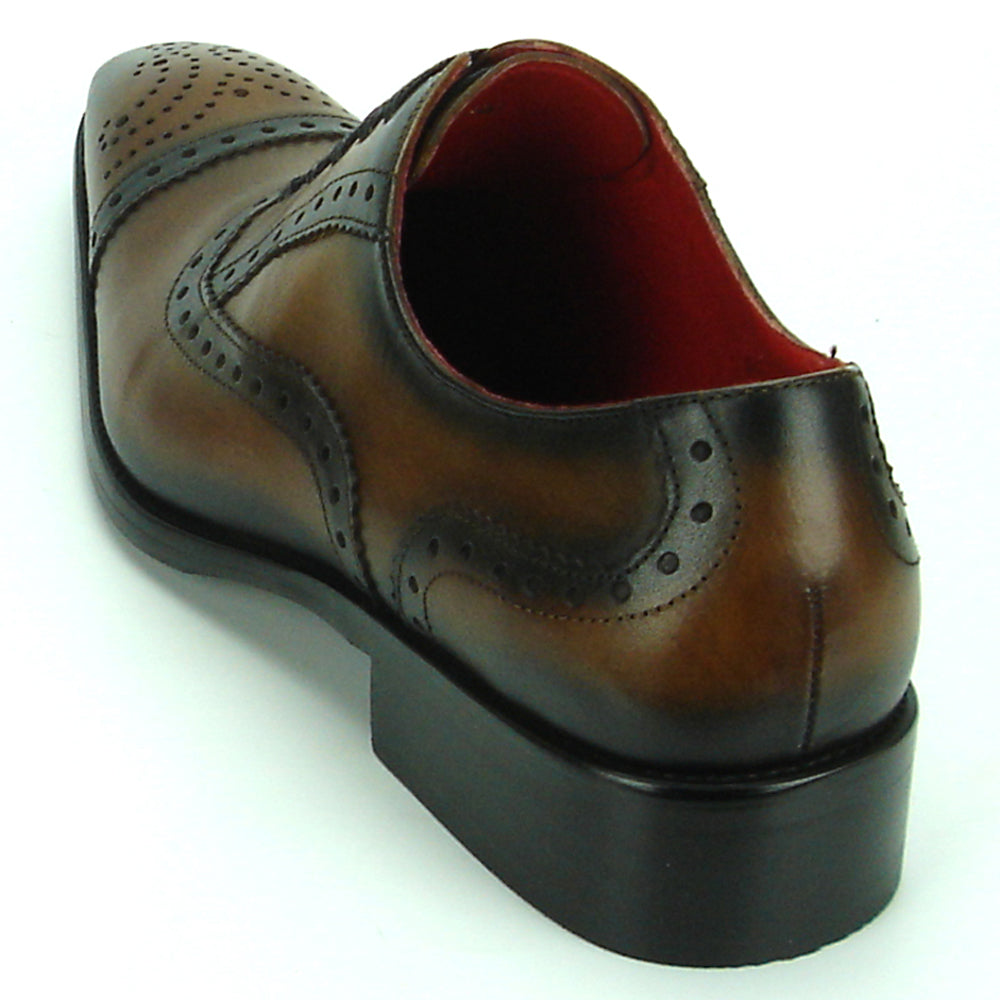 The FI-8713 Coffee Leather Cap Toe Lace Up Encore by Fiesso is a handcrafted men's oxford with brogue detailing, black laces, and a low heel—perfect for elevating your style.