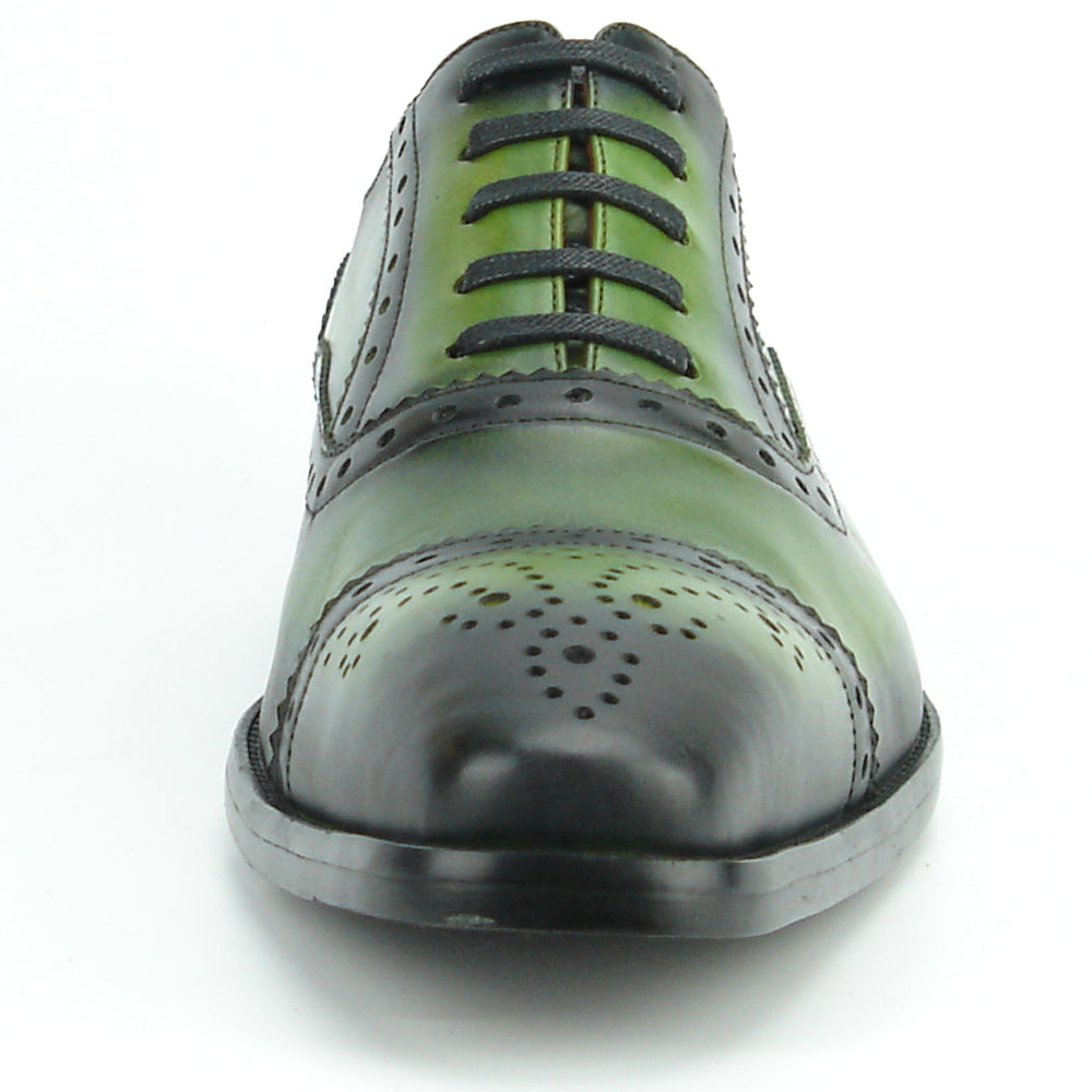 The FI-8713 Green Leather Cap Toe Lace Up Encore by Fiesso features green and black leather, brogue details, black laces, a low heel, and red lining—ideal for elevating men’s style. Photographed on a white background.