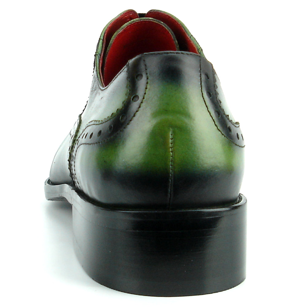 The FI-8713 Green Leather Cap Toe Lace Up Encore by Fiesso features green and black leather, brogue details, black laces, a low heel, and red lining—ideal for elevating men’s style. Photographed on a white background.