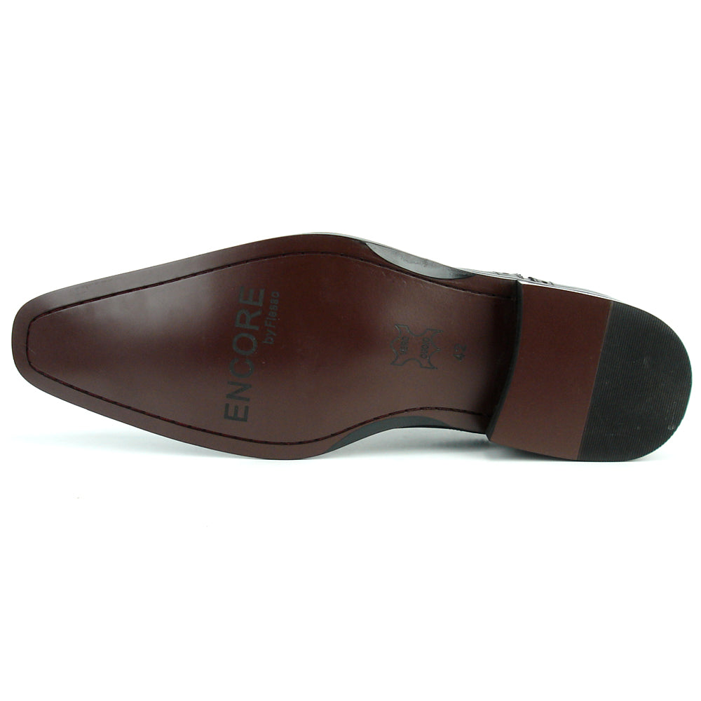 The FI-8713 Green Leather Cap Toe Lace Up Encore by Fiesso features green and black leather, brogue details, black laces, a low heel, and red lining—ideal for elevating men’s style. Photographed on a white background.