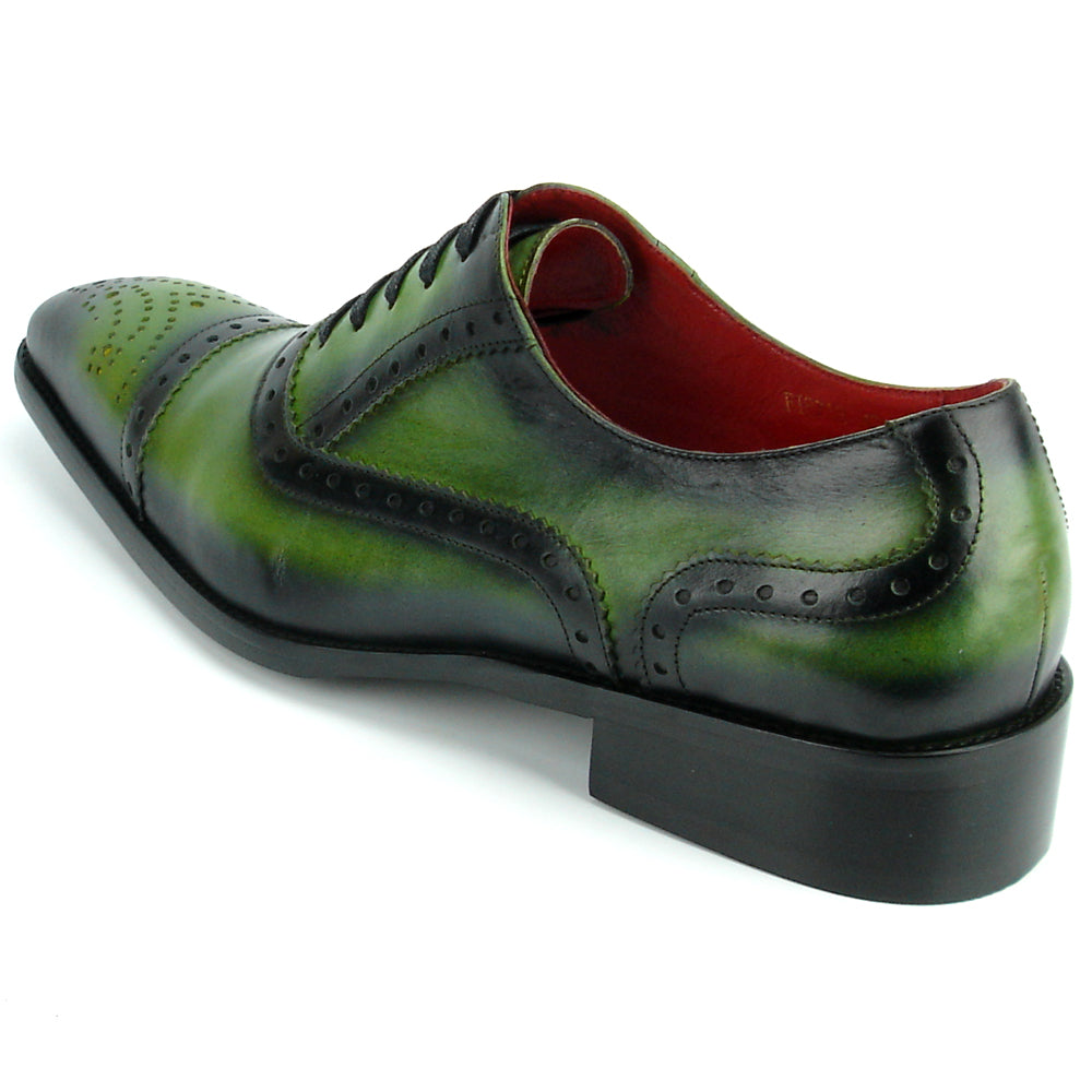 The FI-8713 Green Leather Cap Toe Lace Up Encore by Fiesso features green and black leather, brogue details, black laces, a low heel, and red lining—ideal for elevating men’s style. Photographed on a white background.