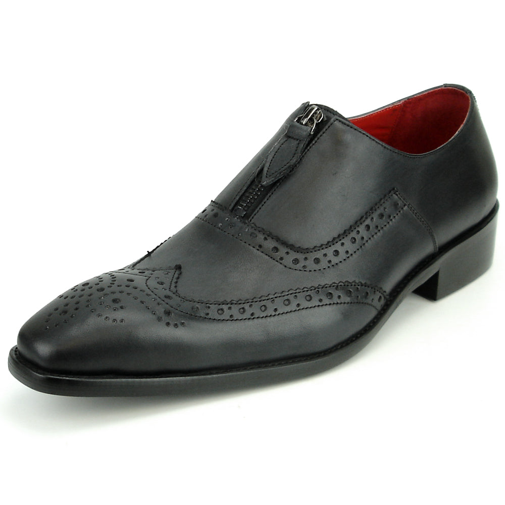 The FI-8714 Black Encore by Fiesso is a handcrafted men's slip-on shoe featuring black leather, brogue detailing, low heel, side zipper, and a bold red lining—delivering sophisticated style from Fiesso.