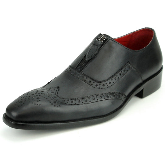 The FI-8714 Black Encore by Fiesso is a handcrafted men's slip-on shoe featuring black leather, brogue detailing, low heel, side zipper, and a bold red lining—delivering sophisticated style from Fiesso.