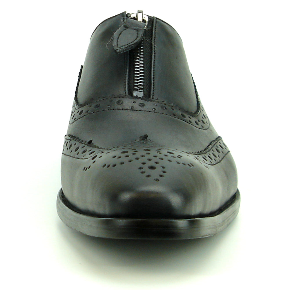 The FI-8714 Black Encore by Fiesso is a handcrafted men's slip-on shoe featuring black leather, brogue detailing, low heel, side zipper, and a bold red lining—delivering sophisticated style from Fiesso.