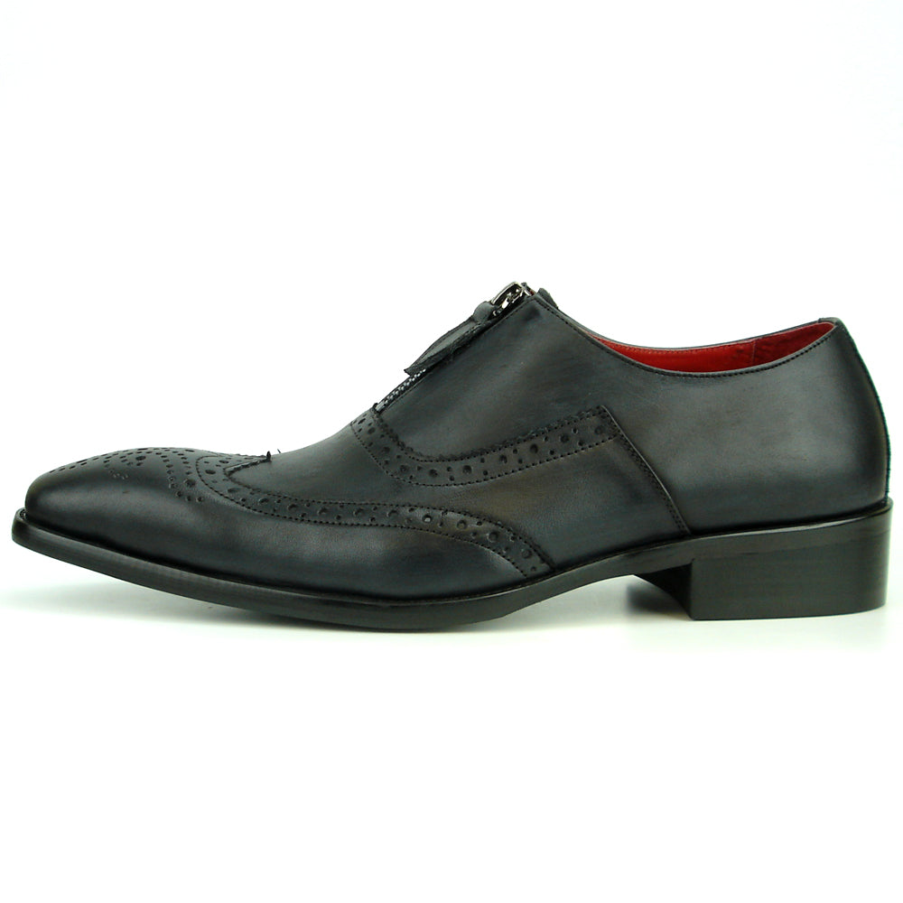 The FI-8714 Black Encore by Fiesso is a handcrafted men's slip-on shoe featuring black leather, brogue detailing, low heel, side zipper, and a bold red lining—delivering sophisticated style from Fiesso.