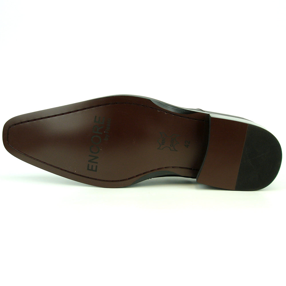 The FI-8714 Black Encore by Fiesso is a handcrafted men's slip-on shoe featuring black leather, brogue detailing, low heel, side zipper, and a bold red lining—delivering sophisticated style from Fiesso.