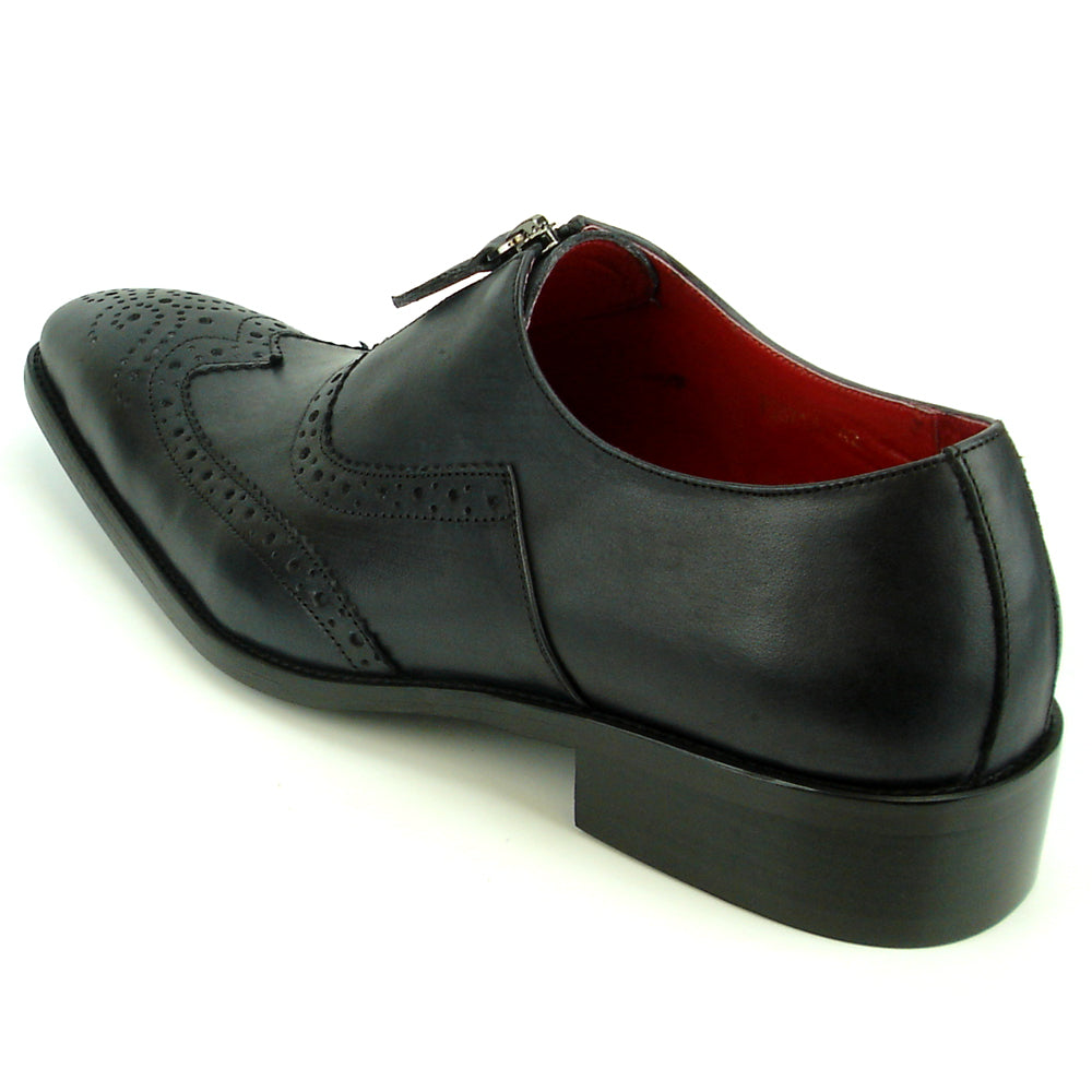 The FI-8714 Black Encore by Fiesso is a handcrafted men's slip-on shoe featuring black leather, brogue detailing, low heel, side zipper, and a bold red lining—delivering sophisticated style from Fiesso.