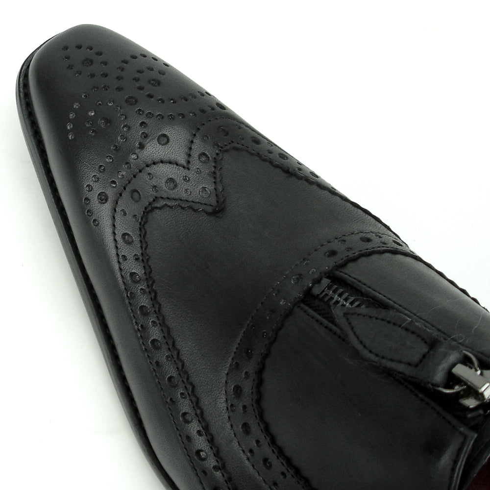 The FI-8714 Black Encore by Fiesso is a handcrafted men's slip-on shoe featuring black leather, brogue detailing, low heel, side zipper, and a bold red lining—delivering sophisticated style from Fiesso.