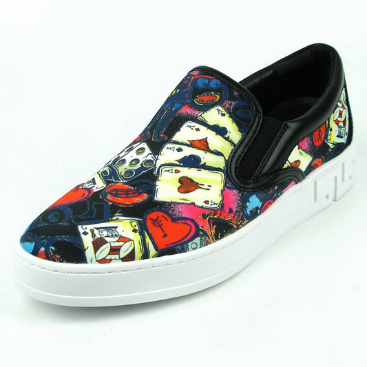 The FI-2344 Ace of Hearts Print Slip on Low Cut Sneaker by Fiesso features a white sole and colorful playing card and dice-themed upper, showcasing Encore by Fiesso’s bold men’s slip-on style.