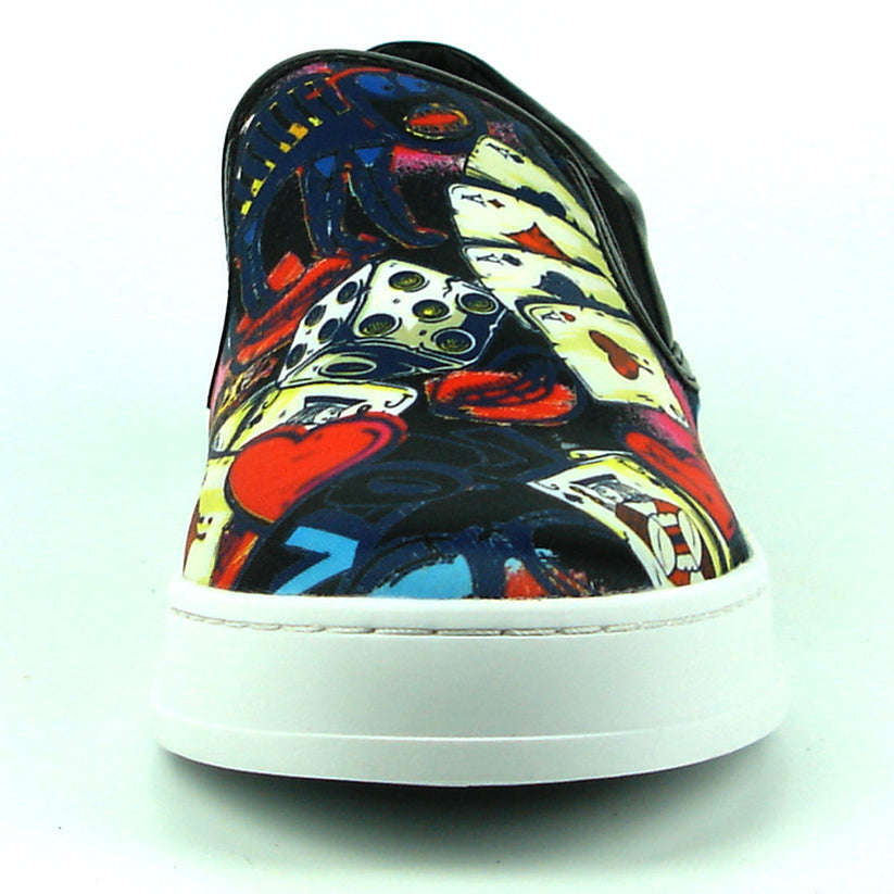 The FI-2344 Ace of Hearts Print Slip on Low Cut Sneaker by Fiesso features a white sole and colorful playing card and dice-themed upper, showcasing Encore by Fiesso’s bold men’s slip-on style.